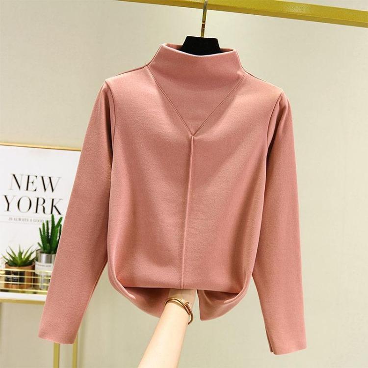 Long Sleeve Women Autumn Winter Slim Velvet Half High Collar Top