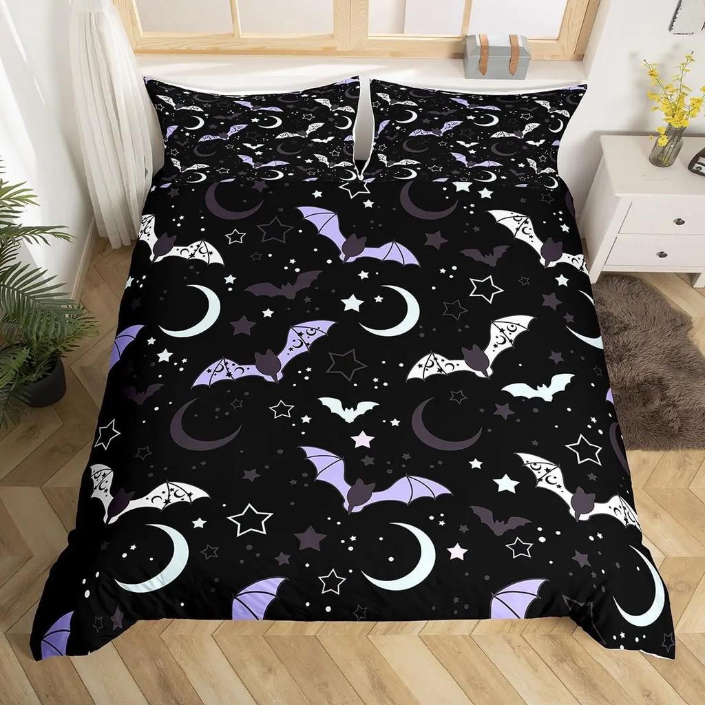 Fledermausdruck Bettbezug Twin Queen Halloween Bettwäsche-Set für Jungen Mädchen Kinder Regenbogen Bettdeckenbezug Farbverlauf Stil Raumdeko