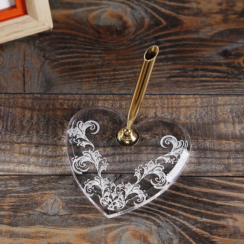 Metal and Acrylic Heart Crystal Pen Holder Set for Office Desk