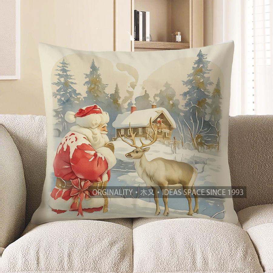 

Home Decor Santa and Cabin Winter Scene Throw Pillow Pattern Cushion Cover Suitable for Sofa Bedroom Car Pillow Cover 40x40cm