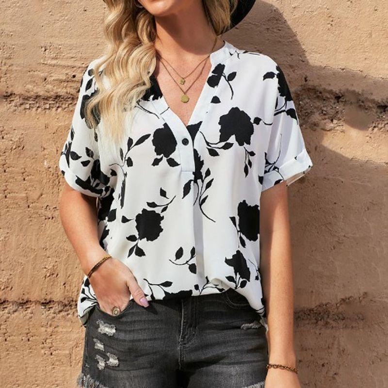 

Fashion V Neck Print Loose Slim Looking Short Sleeve Shirt White 2XL