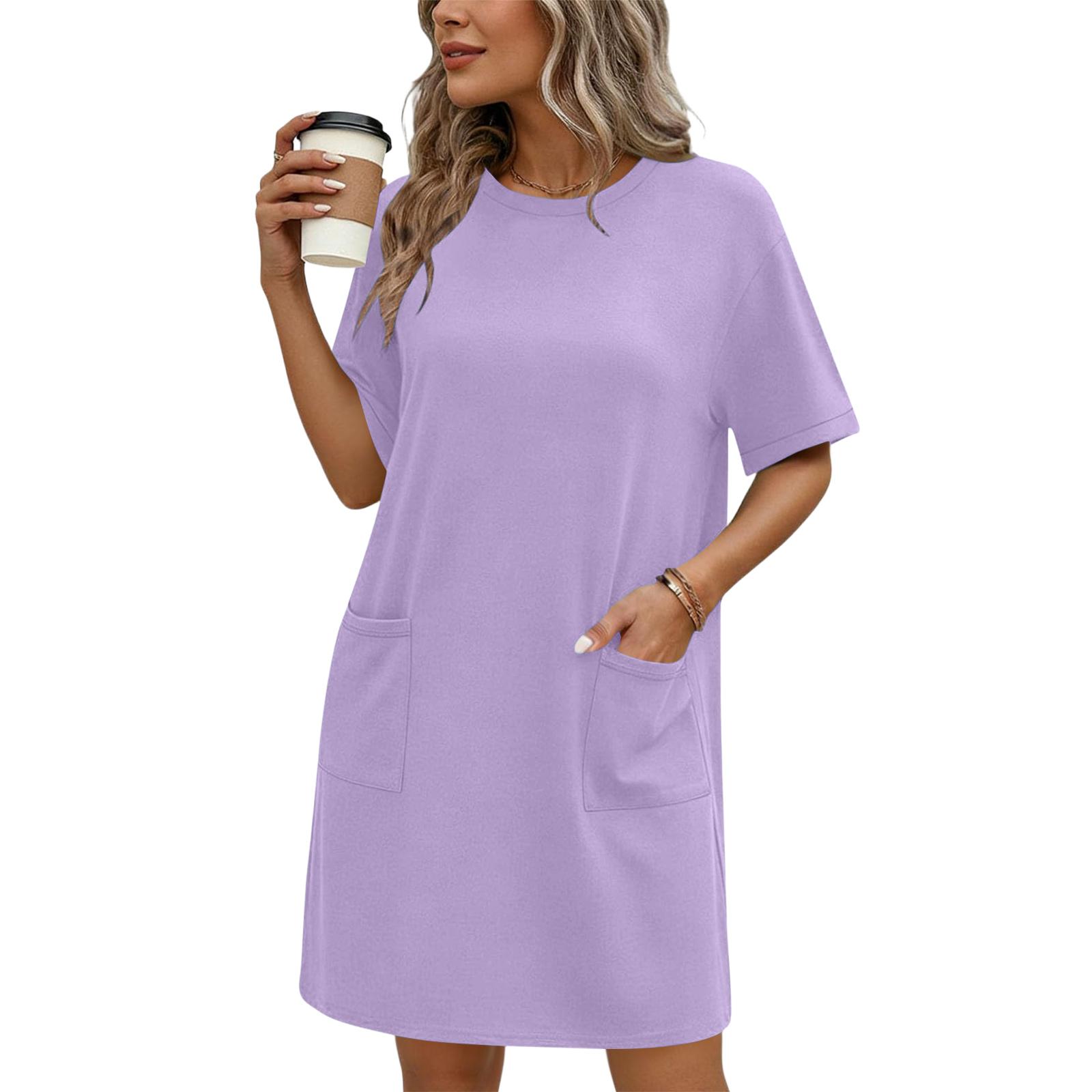 

Women s Fashionable Loose-Fit Short-Sleeve Pocketed Loungewear Casual Dress XL фіолетовий