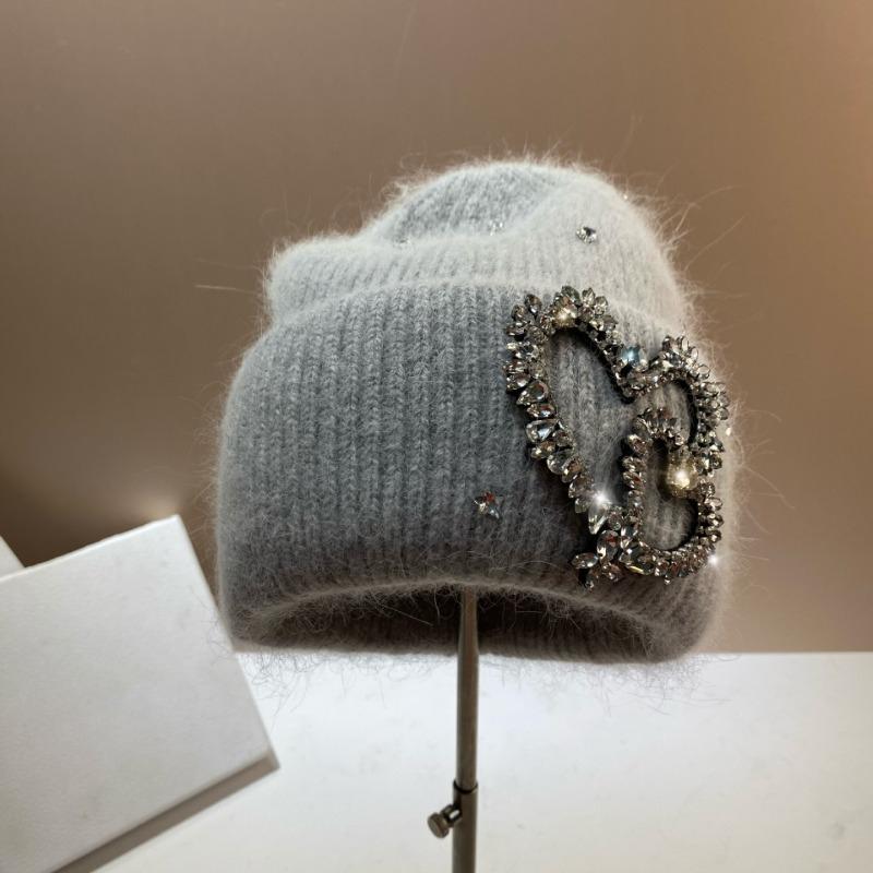 False Rabbit Fur Women's Knitted Hat Luxury Rhinestones Heart Pattern Winter Beanie Designer Hats Lady Warm Walking Bonnet Beanie