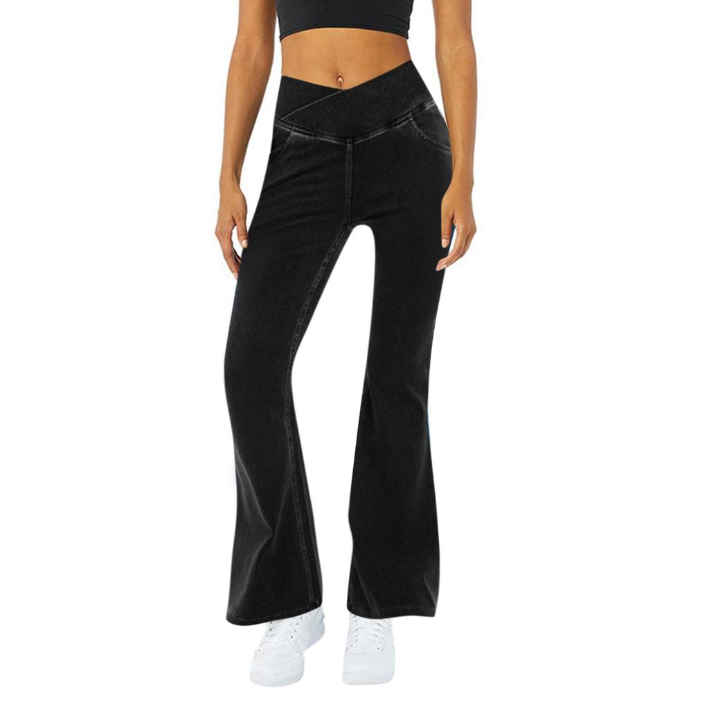Women's Leisure Color High Waist Motion Regular Jeans High Waisted Pocket Cool Breathable Washed Stretchy Casual Super Flare Pants