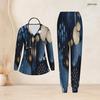 Women Plus Size Green Yellow Beige Printed Nurse Scrub Set V Neck Long Sleeve Top With Pockets Long Pants