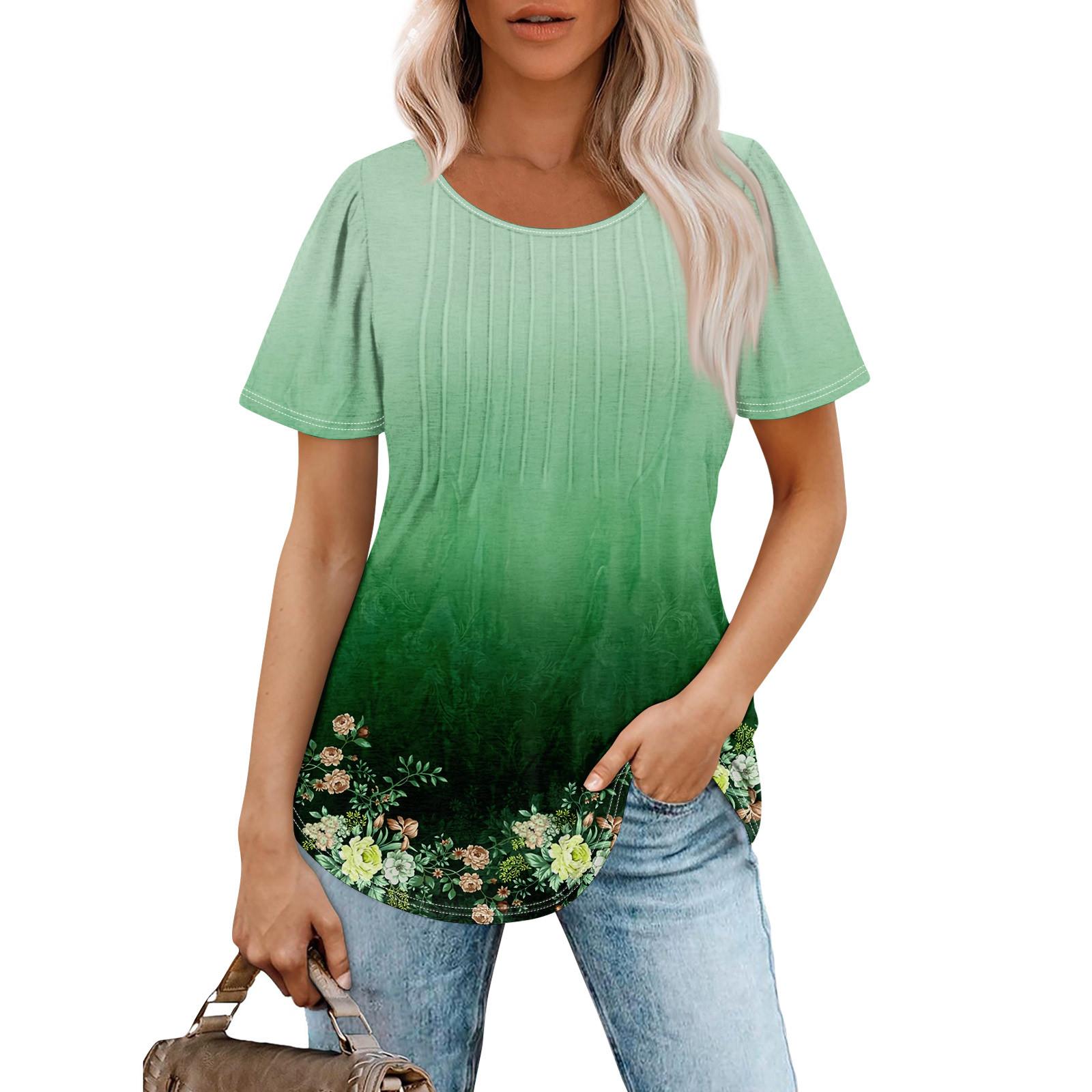 

Женская модная повседневная плиссированная футболка с короткими рукавами и круглым вырезом с принтом M зелёный