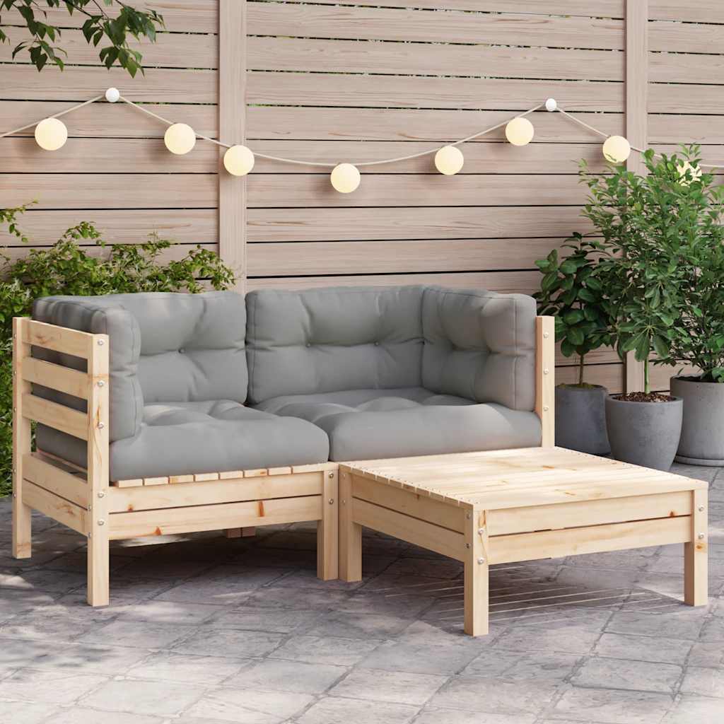 vidaXL 3-part. Garden Lounge Set with Grey Cushions Pine Solid Wood