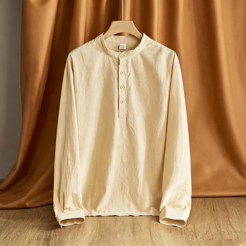 Loose Men's Linen Long Sleeve Shirt Casual Stand Collar Top Color Men's Casual Shirt Comfortable Breathable Summer Wear