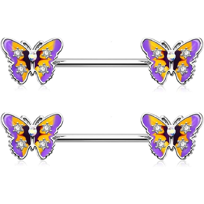 Кольцо для соска Jewee Butterfly 14g, ювелирное изделие для пирсинга сосков, медицинская сталь 316L, штанга для сосков, фианит, мостик для пирсинга сосков, ювелирное изделие для женского тела жёлтый
