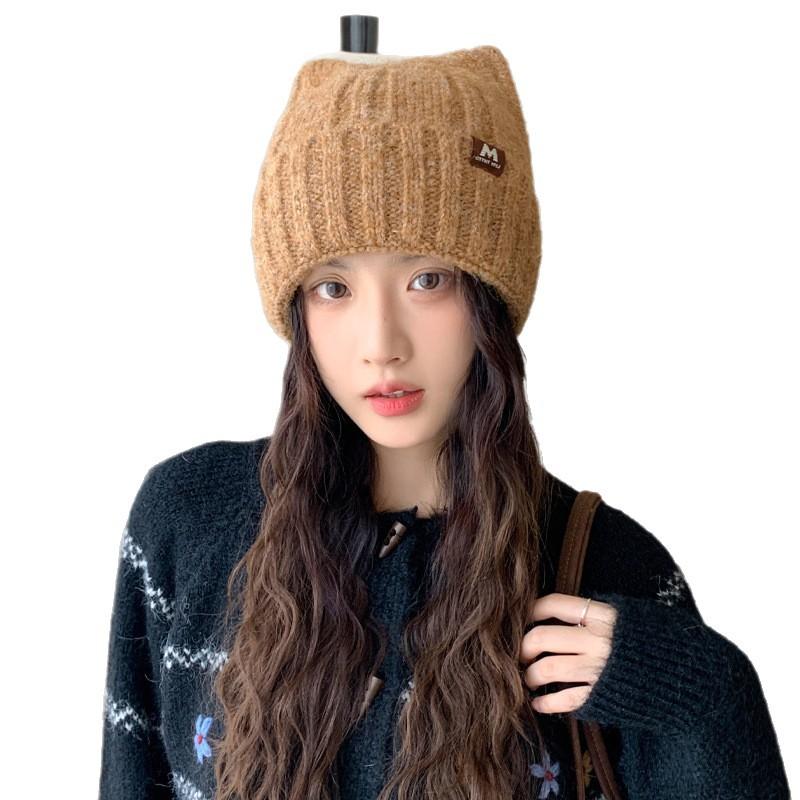 Sweet and Cute Cat Ear Knitted Wool Hat for Women In Autumn and Winter Versatile Big Head Surround Brim Hat Casual Warm Hat Trendy