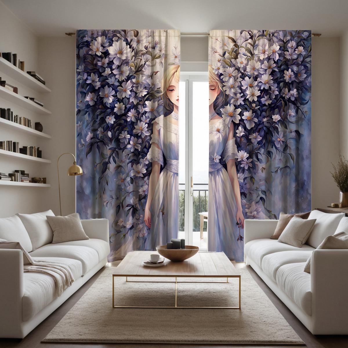 

2 шт. в комплекте HD цветок мультфильм девушка декоративная занавеска фиолетовый галстук цифровая печать занавеска украшение дома стиль украшение гостиная W52H63inchW132H160cm
