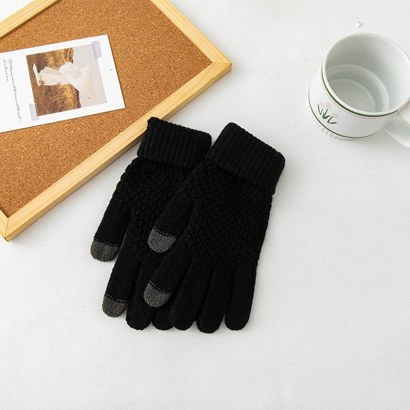 Autumn and Winter Warm Gloves Student Wool Knitted Thickened Velvet Cold Protection Riding Jacquard Finger Gloves Touch Screen Female