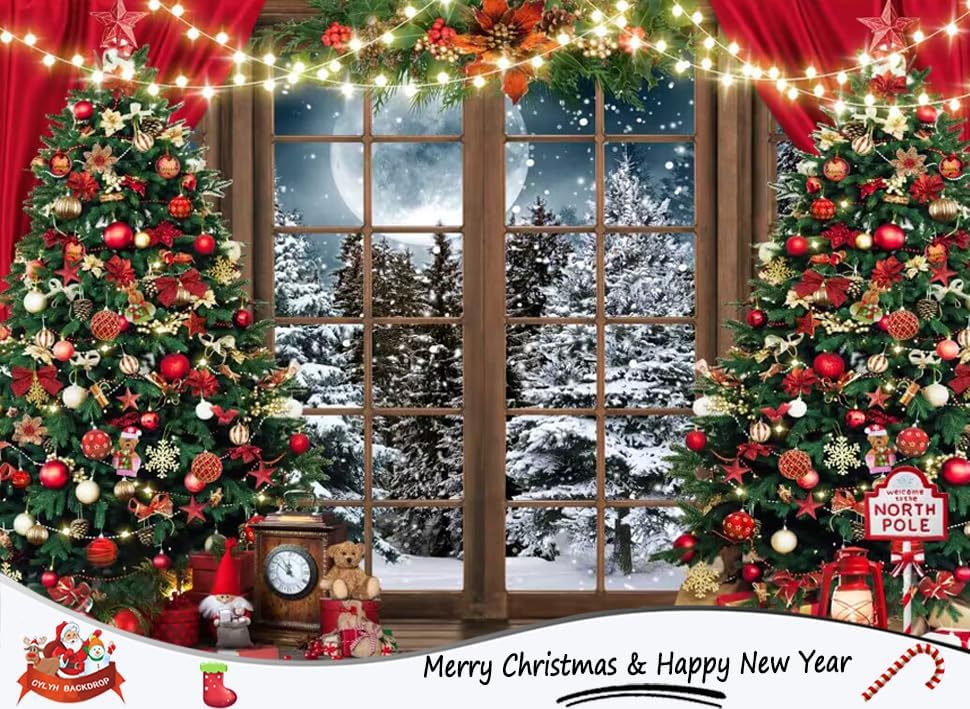 7x5ft Christmas Backdrop - Xmas Window Photography Backdrop - Winter Dream Wonderland Snow Tree Red Curtain Christmas Festival Party Banner