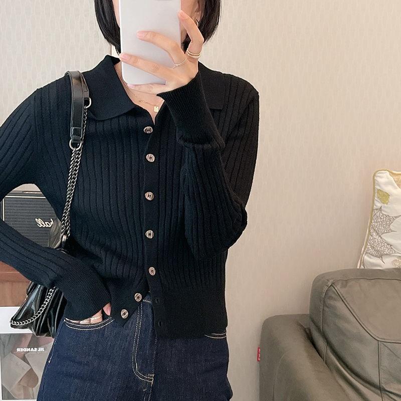 

Осень новый однотонный кардиган с лацканами мягкий восковой удобный вязаный свитер темпераментный универсальный свитер с дизайном в рубчик XXL чёрный