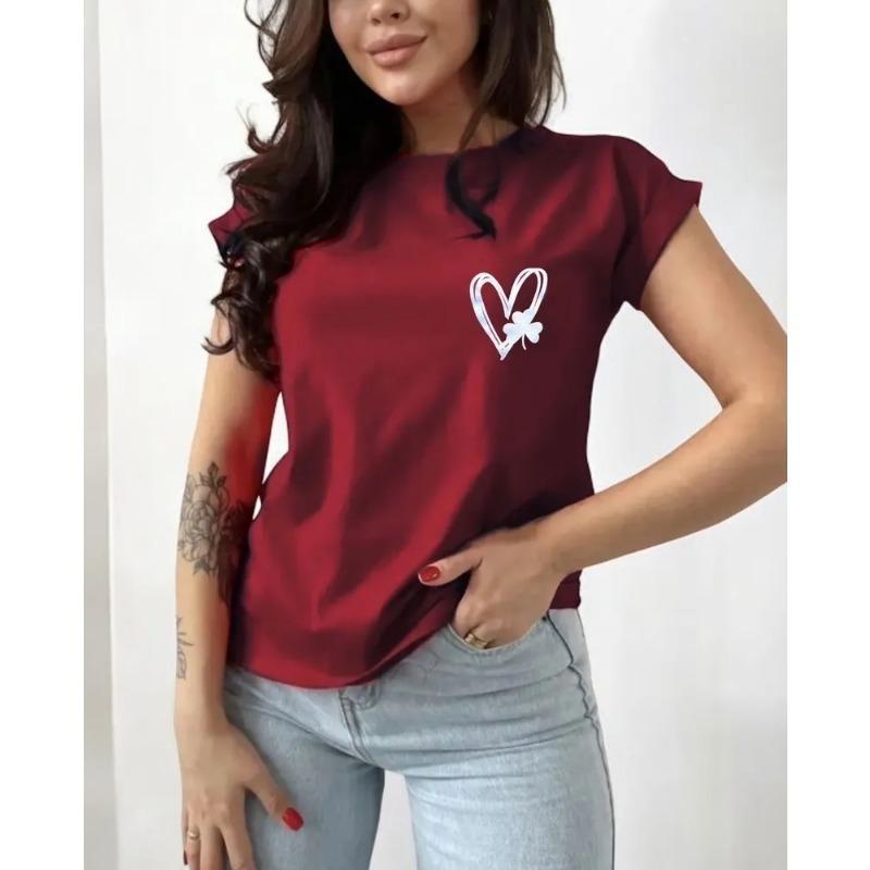 Καλοκαιρινή Γυναικεία Μπλούζα T-shirt με Στρογγυλή Λαιμόκοψη, Τυπωμένη με Σχέδιο 'Love Clover Smiling Face', Μοντέρνα, Casual, Καθαρό Βαμβάκι, Κοντομάνικη