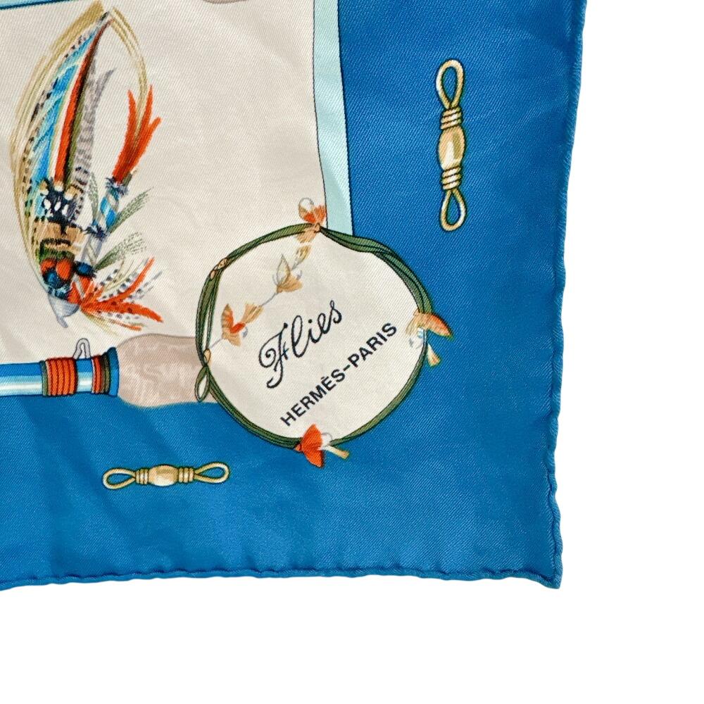 HERMES Flies silk Calle 90 scarf blue silk Used
