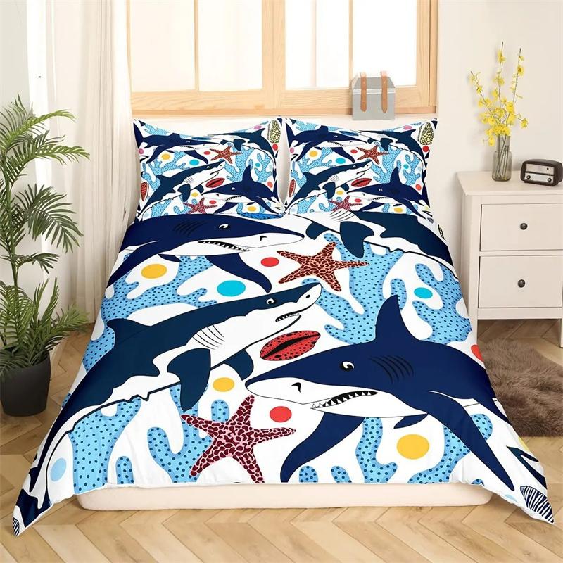 Blått och Vitt Tecknat Hajfiskmönster Barn Påslakan Pojkar Flickor Lyxig Rumsdekoration för Barn Tonåringar Gåva Queen Size