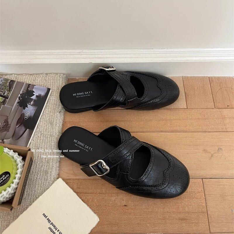 

Модная обувь IPPEUM Женские балетки 2025 Лето Мюли Черные шлепанцы из ПУ кожи 225