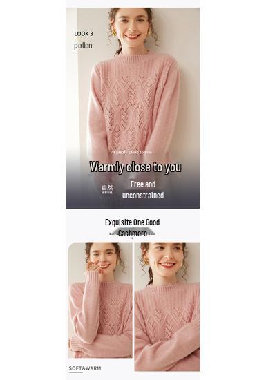 Women's 2025 Autumn/Winter Cashmere Sweater: Half-High Collar, Thick Knitwear, Hollow-Out Design