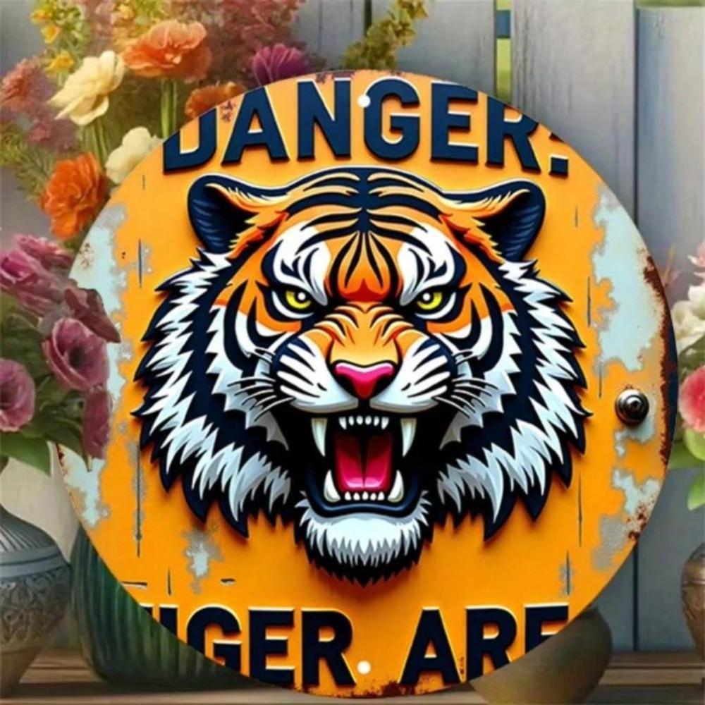 Vintage Tiger Metallschild Flach 2D Aluminium Wandkunst Brüllende Tierwelt Gefahrenwarnung Dekoration