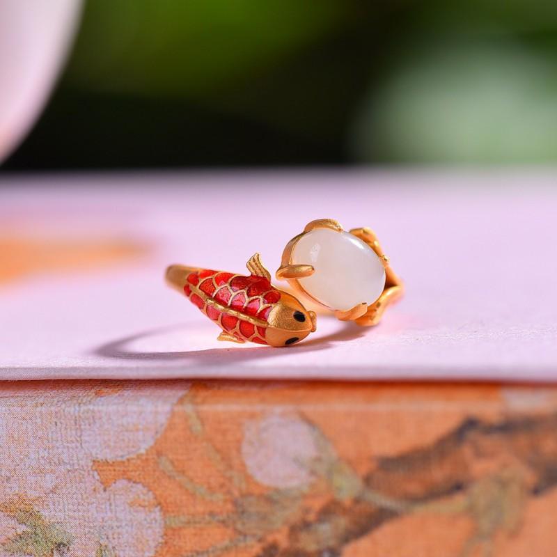 Adjustable Vintage Enamel Koi Fish Ring With Gold Plated Copper Band Women Men Retro Hanfu Qipao Accessory