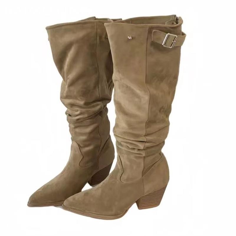 Winter Chunky Women High Boots Suede Pointed Retro Mid Heels Shoes 2025 Trend Designer Zipper Pumps Gladiator New Botas De Mujer