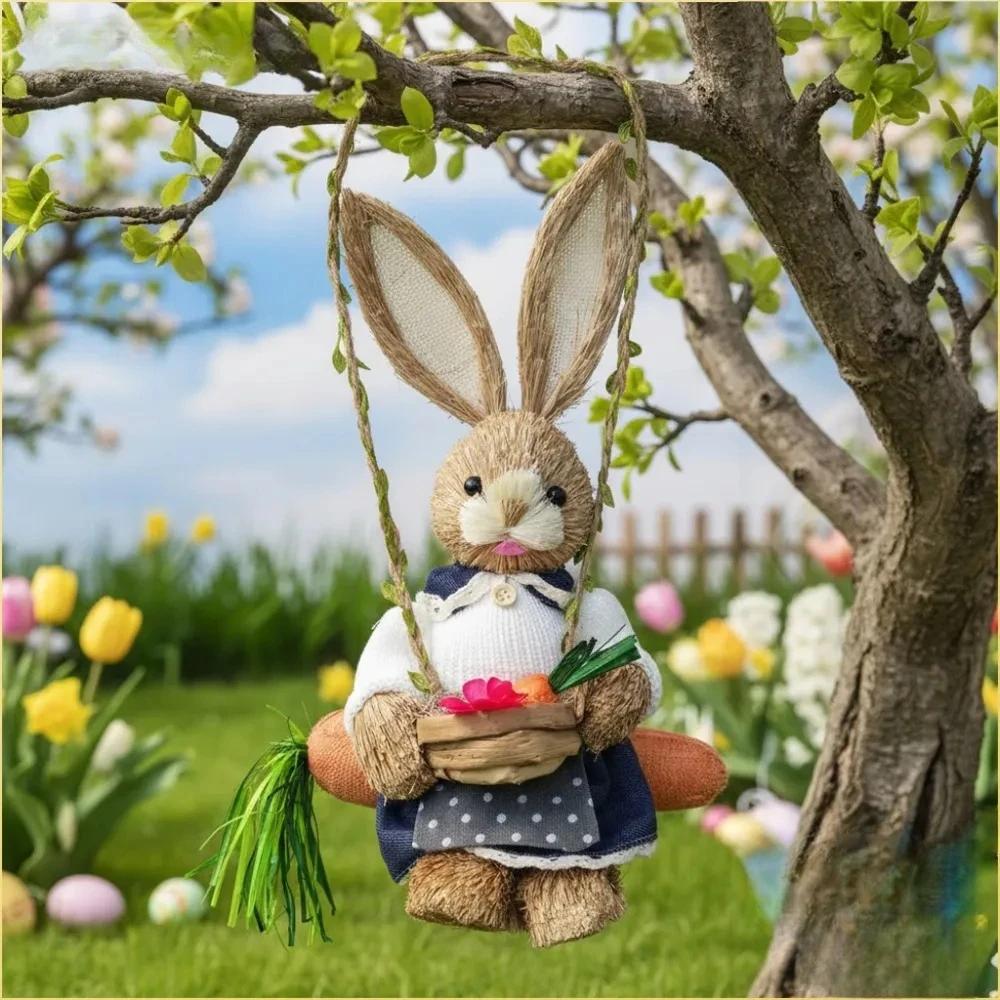 Easter Bunny on Swing Handmade Woven Grass Rabbit Creative Figurine Home Decor Hanging Ornament Forest Theme Gift Souvenir