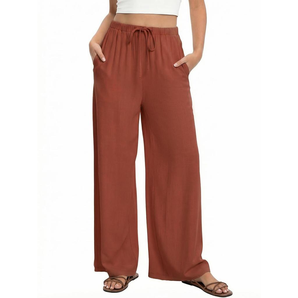 Linen Casual Wide Leg Pants For Women Elastic Waist Versatile Business Casual Work Palazzo Trousers With Pockets