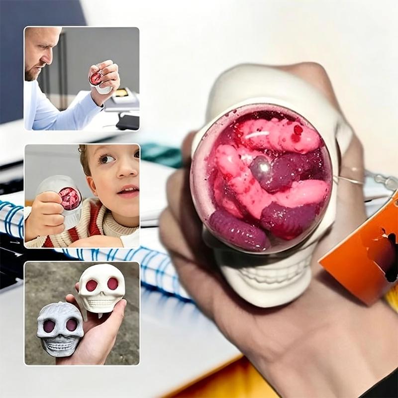 Halloween Prank Toy Soft Silicone Skull With Exploding Eyeballs And Worms Stress Relief Gadget Squeeze Skull Toys