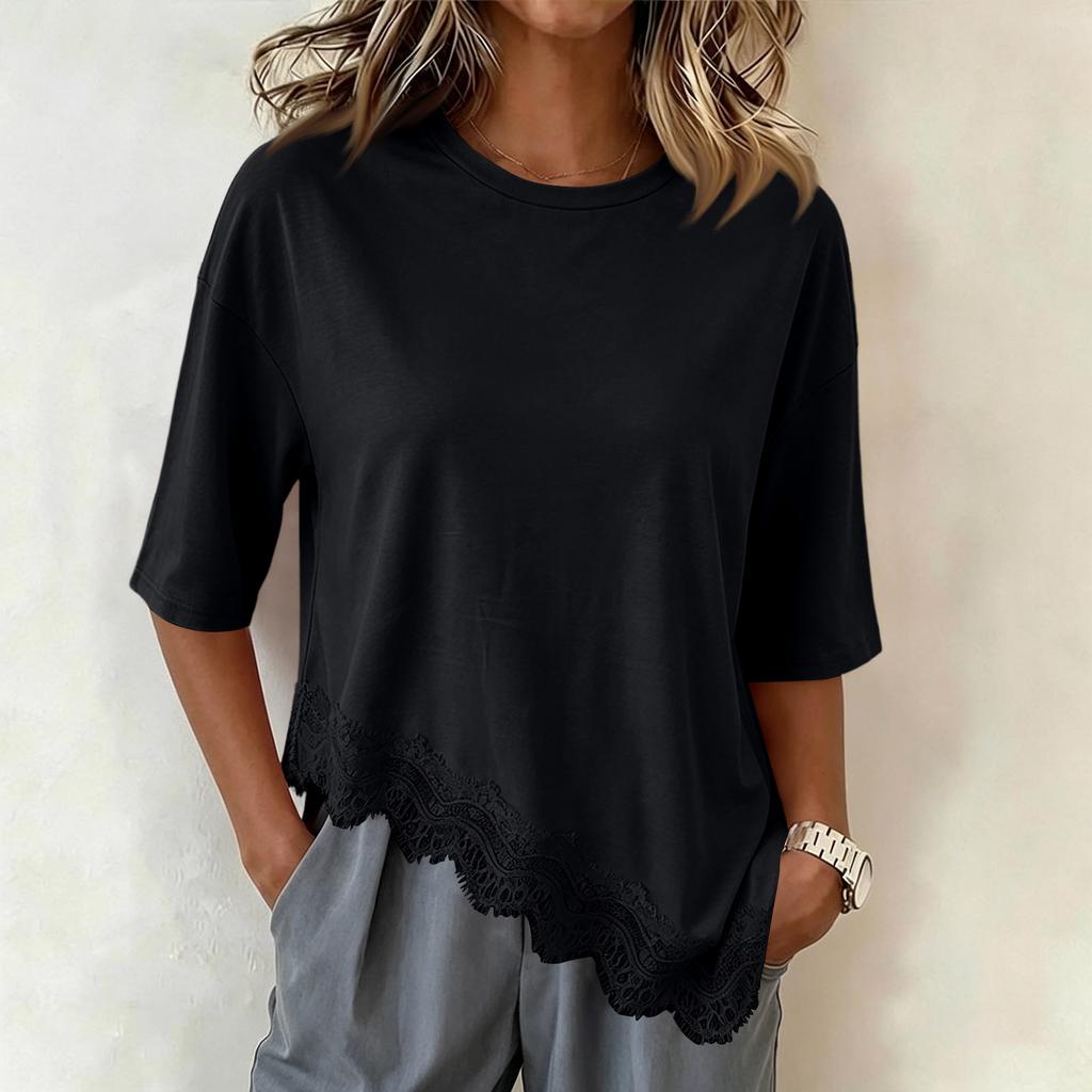 Women's Short Sleeve Lace Trim T-Shirt with Asymmetrical Hem