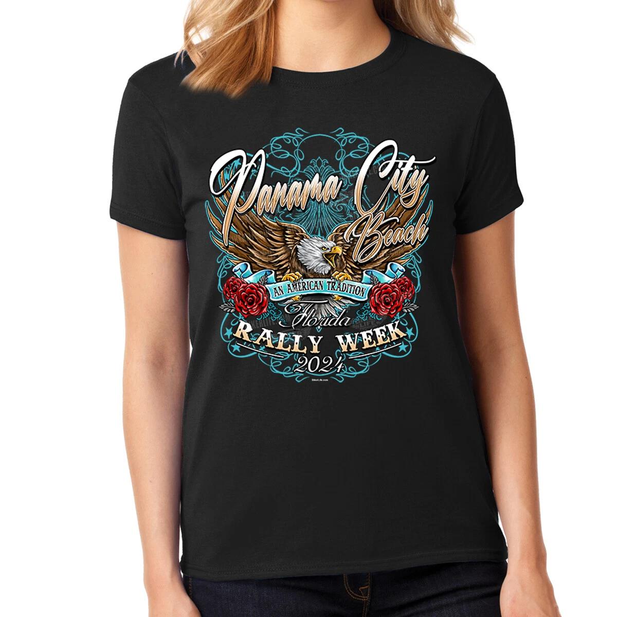 Ladies Missy Cut 2024 Panama City Beach Rally Week Freedom Eagle Rose T-Shirt XXXL