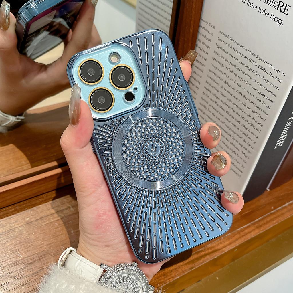 Applicable to iPhone16 mobile phone case ice feeling hollow heat dissipation hard case Apple 15Promax breathable magnetic suction anti-drop protection