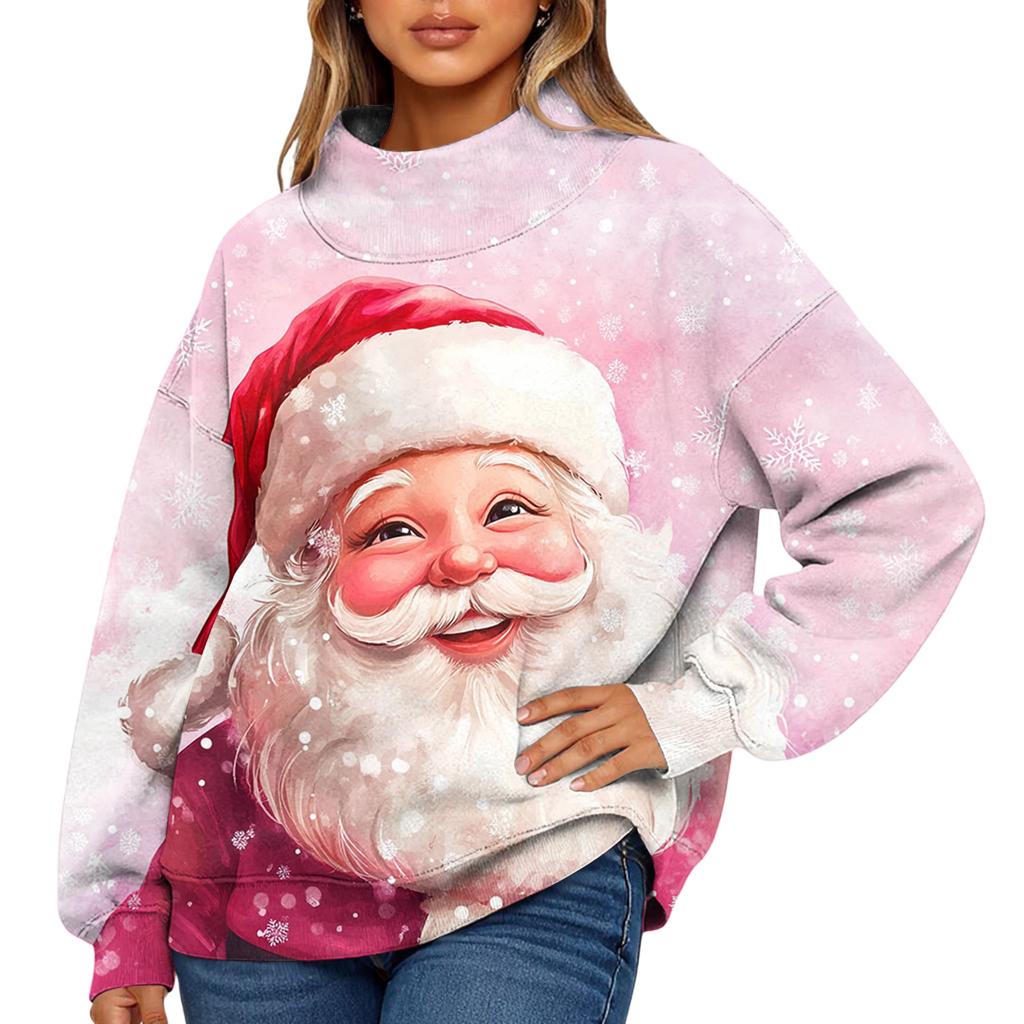 Ladies' Fashionable Christmas Printed Long Sleeved High Neck Sweatshirt Top