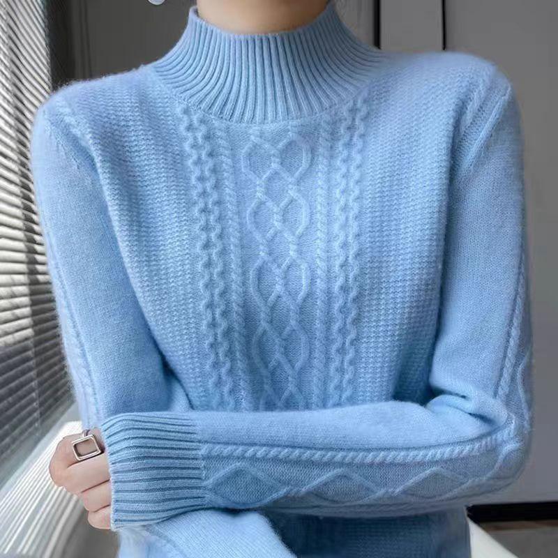 Pullover Women's Half Turtleneck Sweater with Thick Casual Knitted Sweater Solid-colored Loose Warm Top for Autumn and Winter
