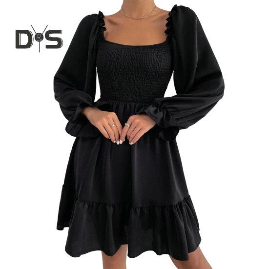 

Весна-Осень женское плиссированное мини-платье с запахом на груди с квадратным воротником и длинным рукавом с высокой талией и рюшами со свободным подолом, однотонное платье трапециевидной формы 2XL чёрный