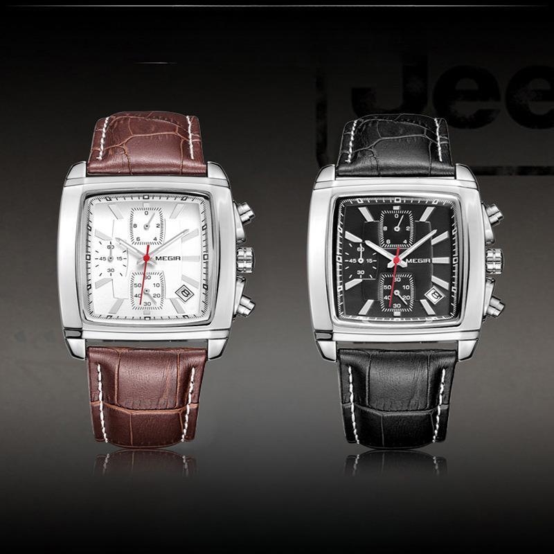 Square Luminous Multifunctional Sports Business Men's Genuine Leather Waterproof Quartz Watch