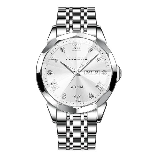 PINDOWS Men's Diamond Business Dress Analog Quartz Watch, Luxury Waterproof Luminous Date Display, Two-Tone Stainless Steel Band, Classic Fashion Men'