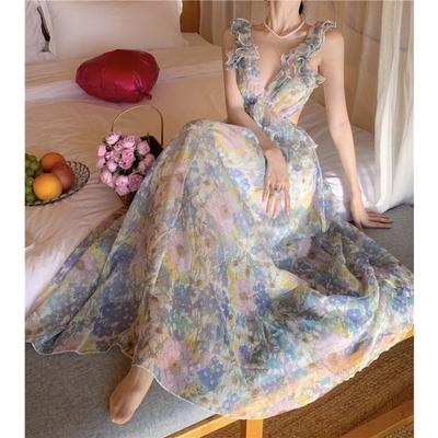 Sommerkleid im französischen Stil, sexy rückenfreies Blumenkleid mit String, Strand-Urlaubskleid