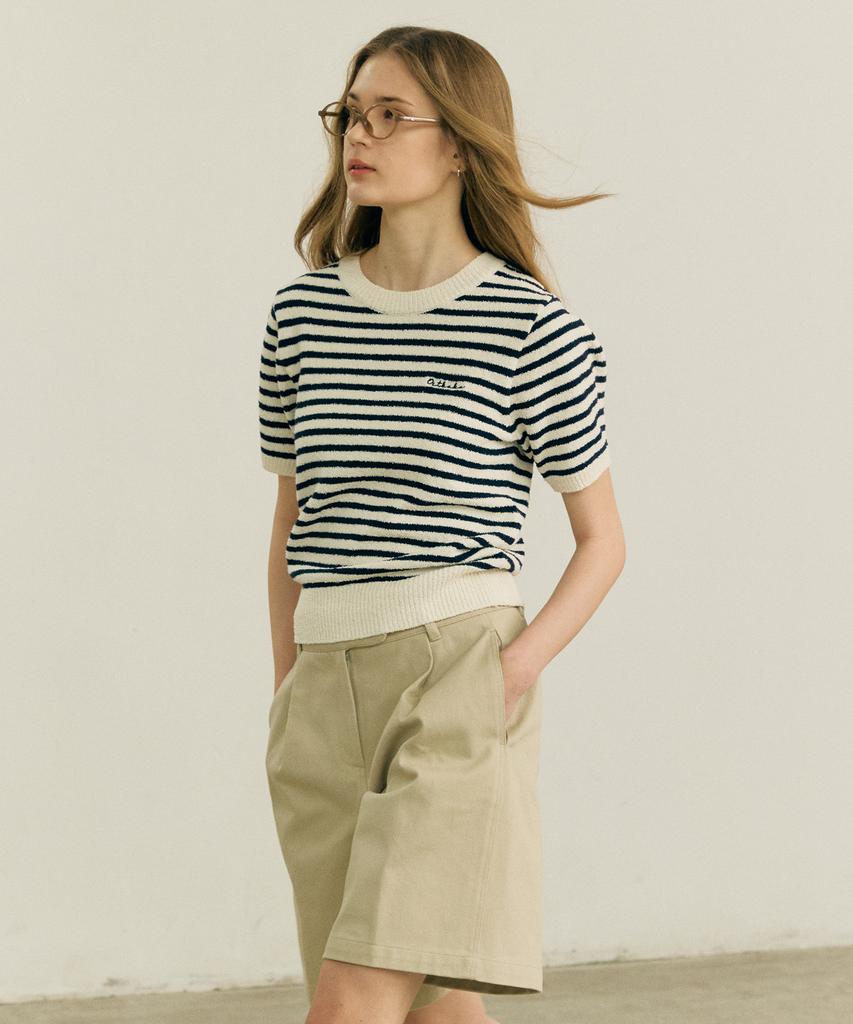 OSTKAKA Striped Boucle Short Sleeve Knit Navy
