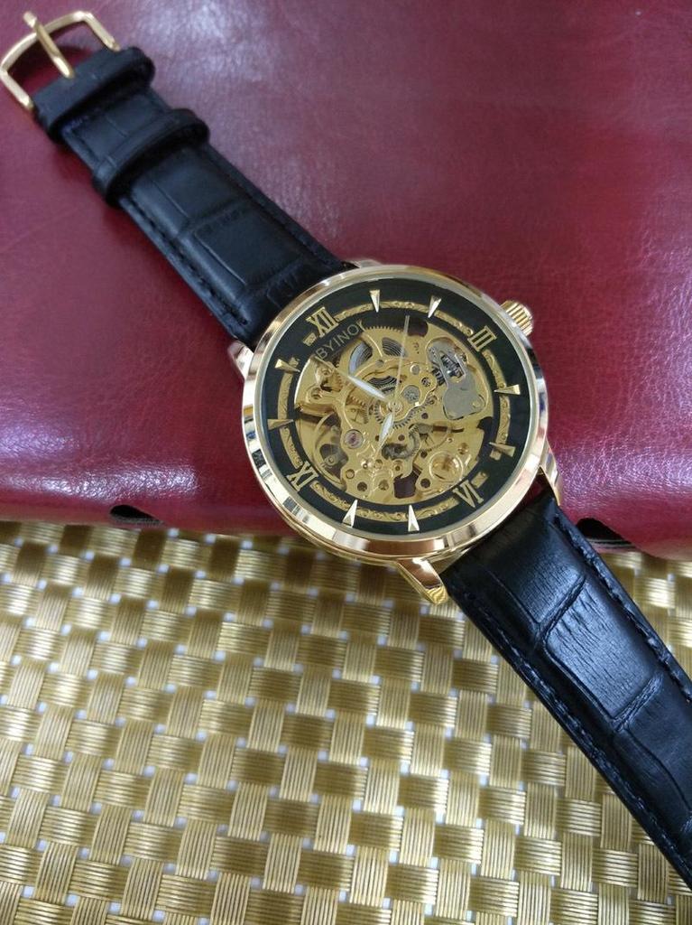 BYINO Herren Skelett Automatikuhr Chronograph mit transparentem Boden, weißen Zeigern, Leder- oder Mesh-Armband