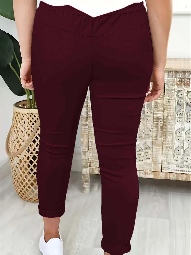 2025 Women's Solid Color Tie-Waist Cuffed Long Pants - Versatile European & American Style