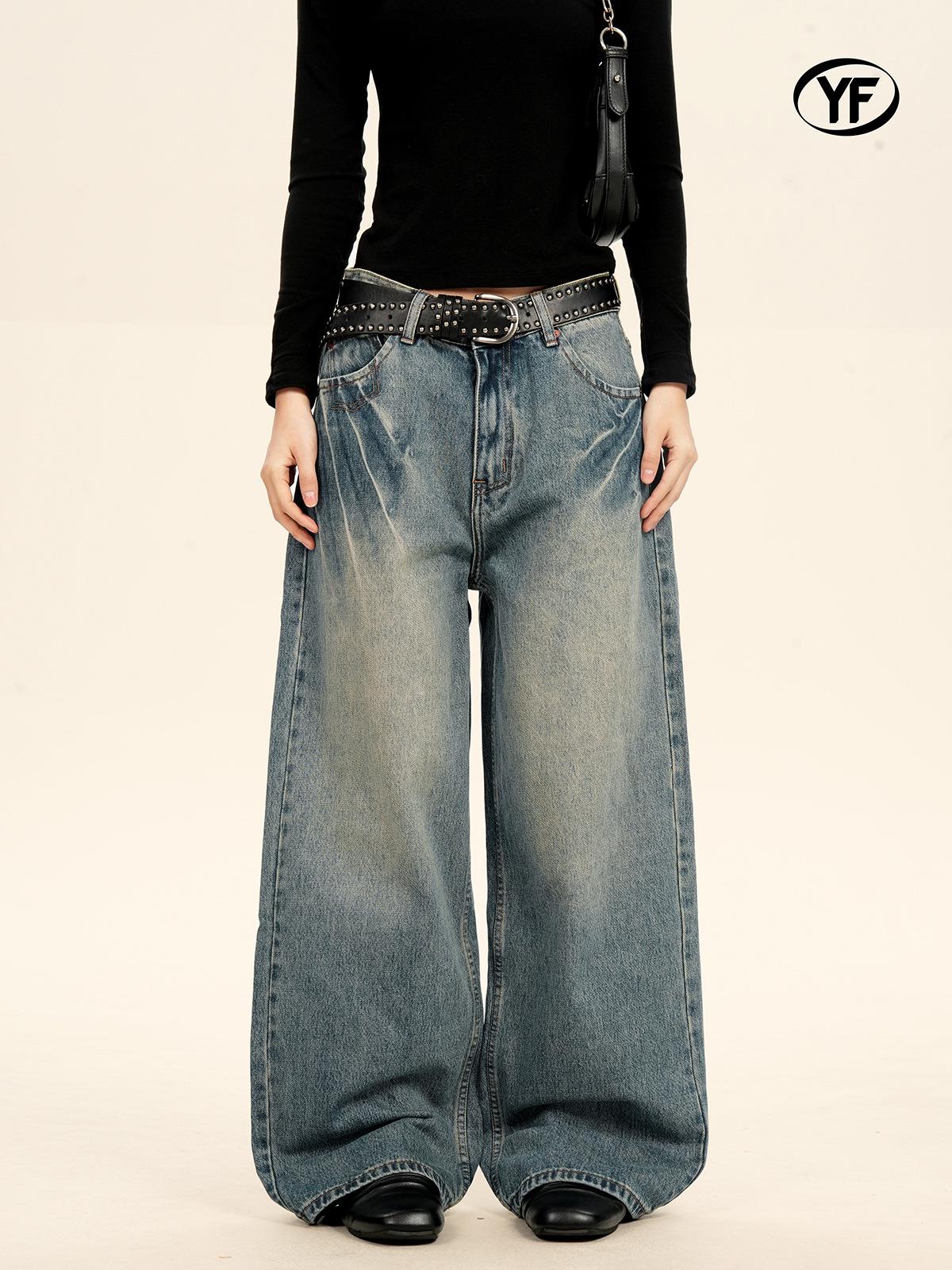 Yongfang Unisex Retro Blue Wide-Leg Distressed Jeans with Bamboo Grain XL