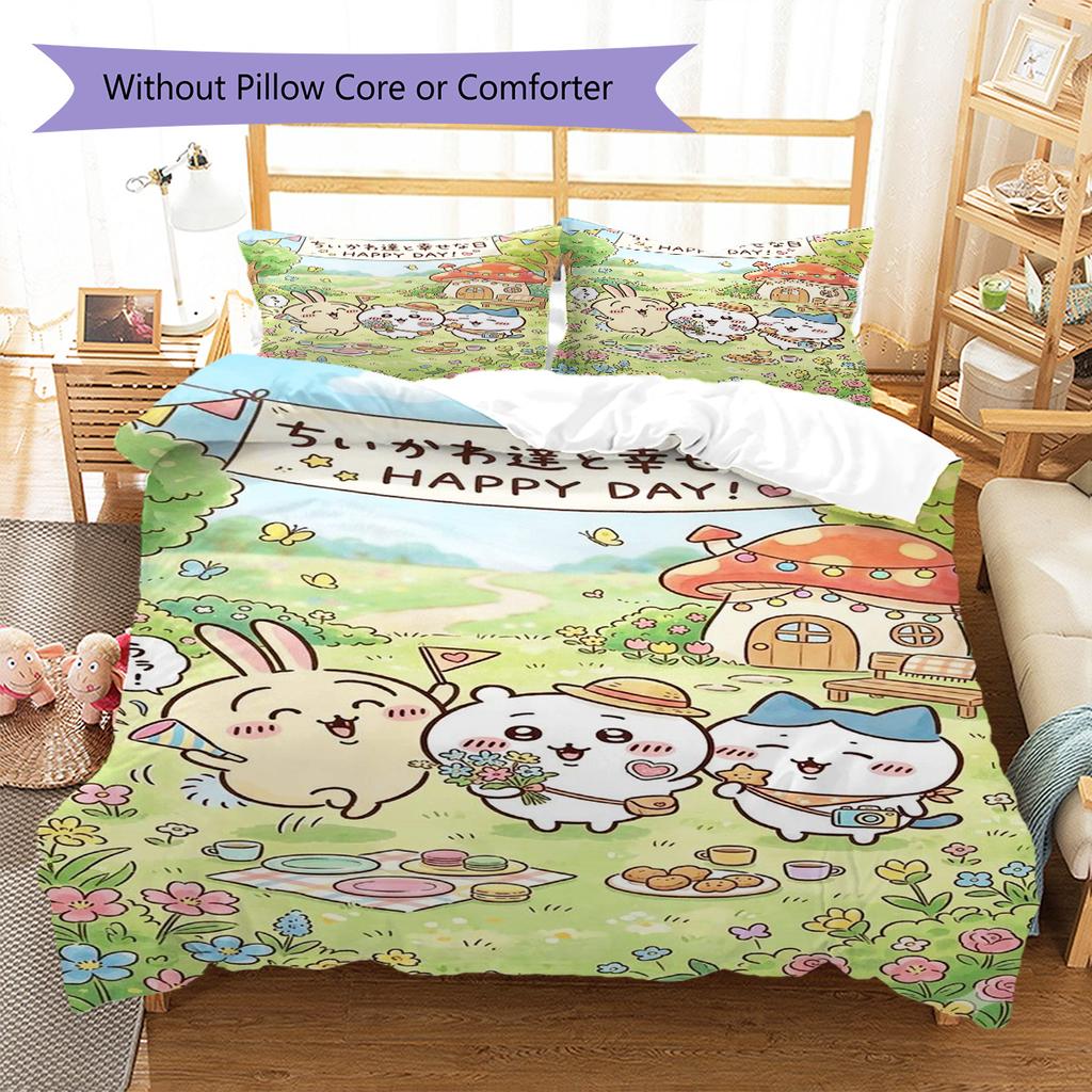 Anime Chiikawa Pattern Bedding Set Quilt Cover Pillowcase Home Decor Gift (1 * duvet cover + 2 * pillowcase, without core)