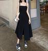 Split Design Suspender Dress Women's Summer New Hepburn Style Waist Thin Medium and Long Small Black Dress