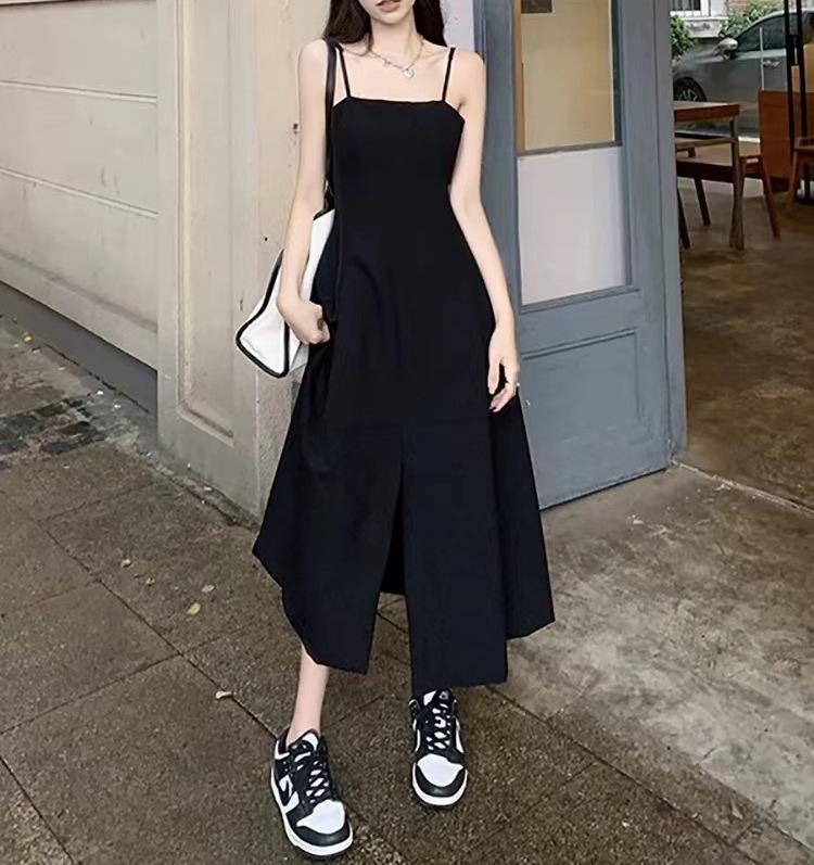 Split Design Suspender Dress Women's Summer New Hepburn Style Waist Thin Medium and Long Small Black Dress