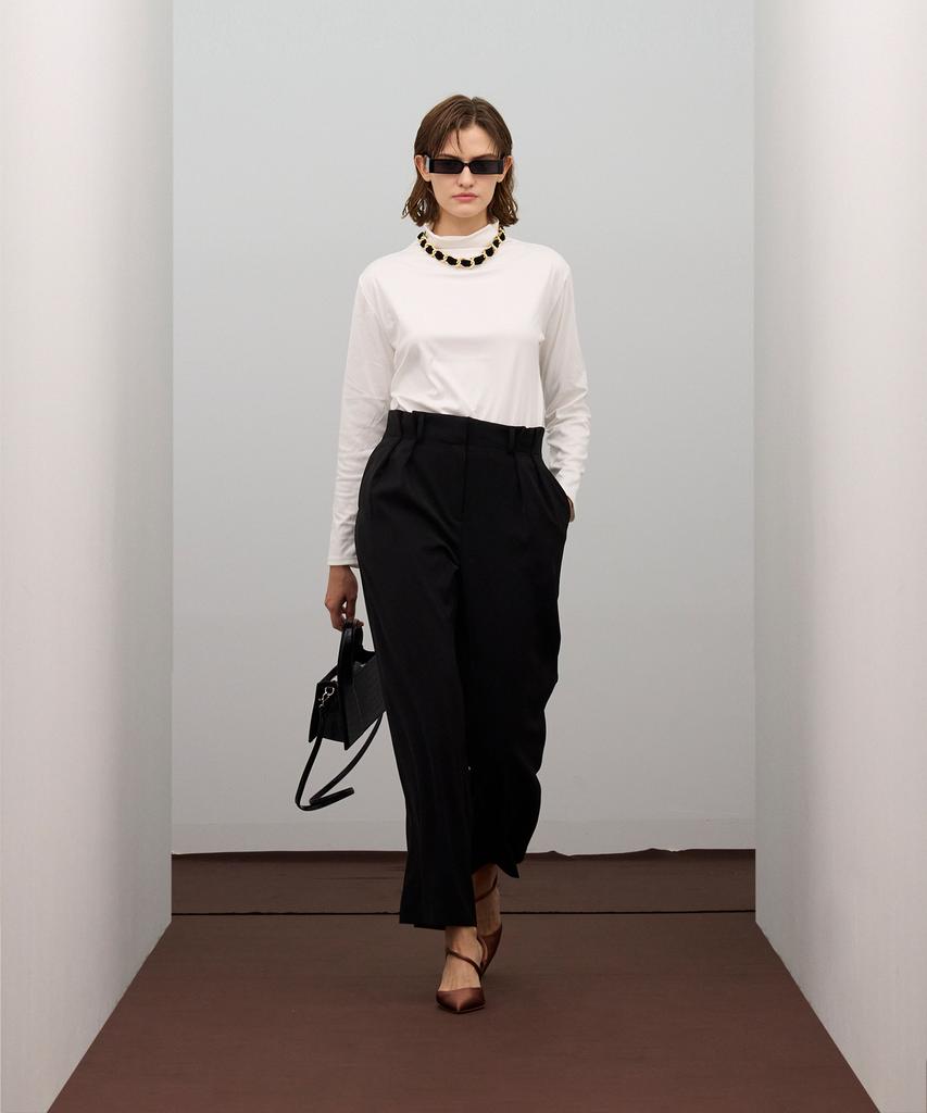 VIVABROWN 85-Viva013 [Neutral] Fluid Double-Pleat Wide Pants Black
