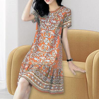 Summer Lady Dress Round Neck Half Sleeves Retro Print A-line Big Hem Knee Length Loose Casual Daily Wear Vacation Midi Dress