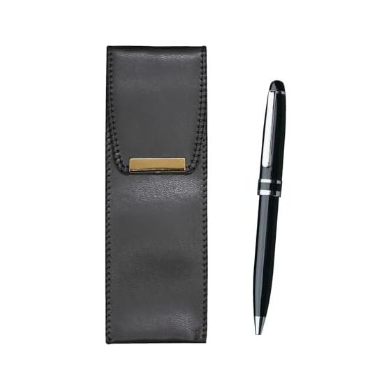 Eco-Leather Pen Case Midnight Ballpoint Pen Set, Black, 3-Pack, Faux Leather Pen Holder with Brass Retro Twist Ballpoint Pen