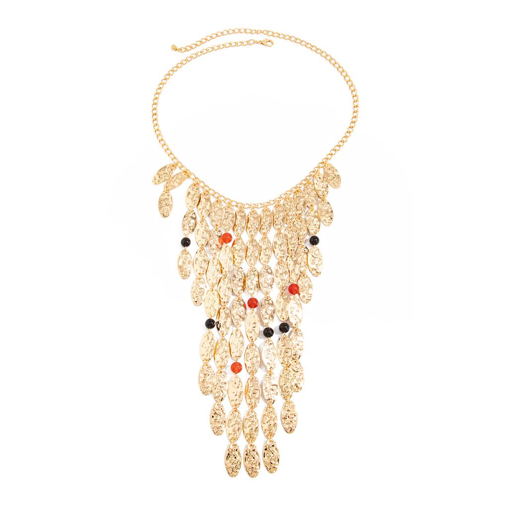 Exaggerated Waterfall-Shaped Metal Disc Fringed Necklace, Personalized Pockmarked Leaf Round Bead Collarbone Chain
