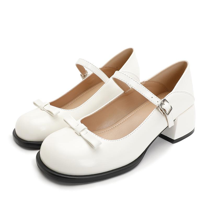 Spring New Bow Mary Jane Shoes, Women Chunky Heel Round Toe French Shallow Mouth Leather Flat Pumps